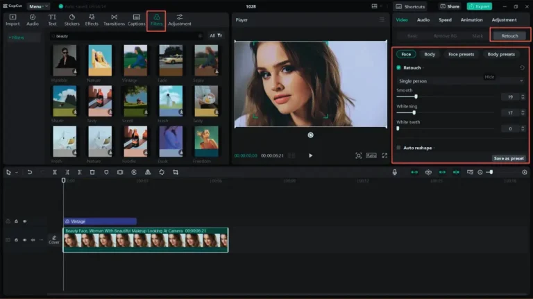 One Tap Beautification in CapCut Pro